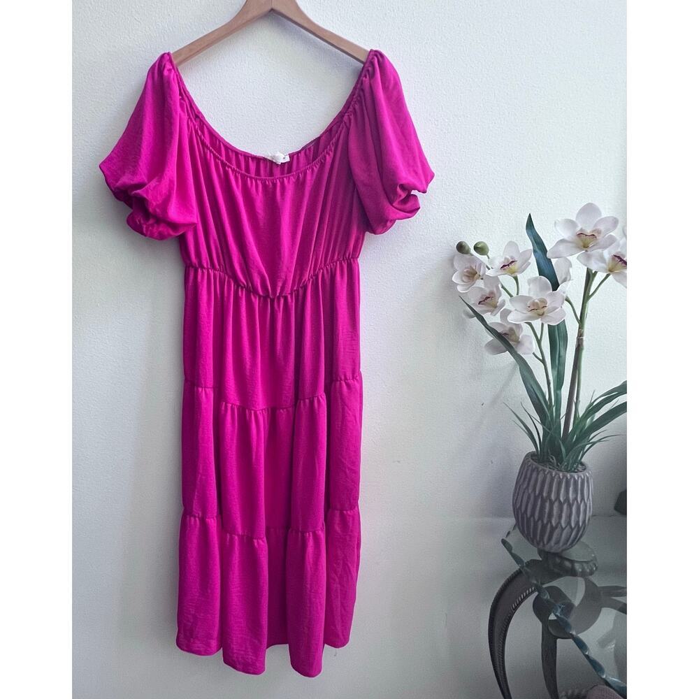 See You Monday‎ Pink Off-the-Shoulder Puff Short Sleeve Tiered Maxi Dress XL